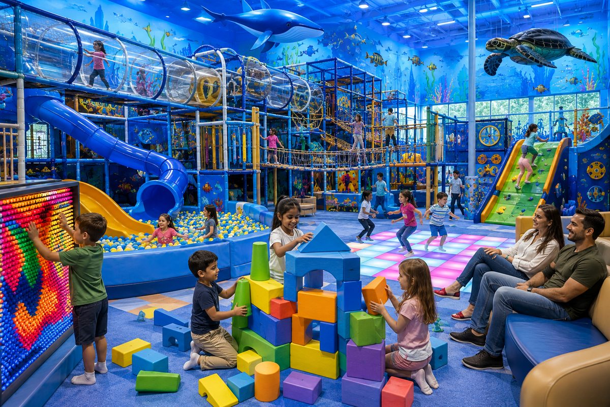Children inventing their own games with foam blocks, the giant pin screen, and the LED dance floor at Hyper Kidz Columbia