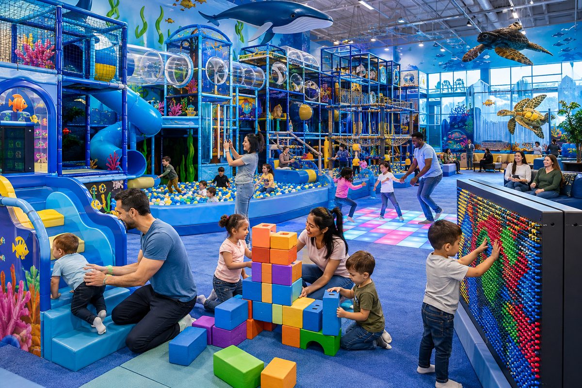 Parents and children building with foam blocks, exploring the ball pit, and playing on the LED dance floor together at Hyper Kidz Columbia