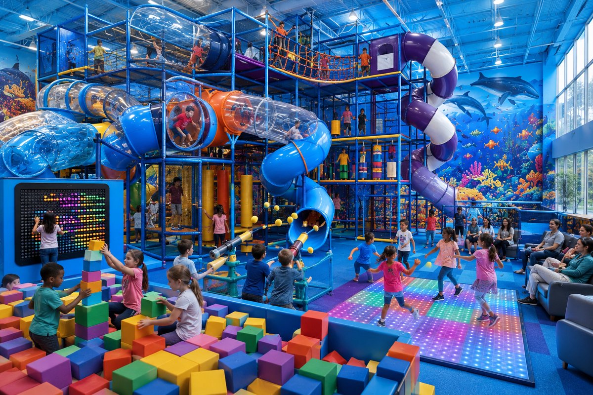 Kids exploring the multi-level adventure structure, foam blocks, and LED dance floor at Hyper Kidz Columbia