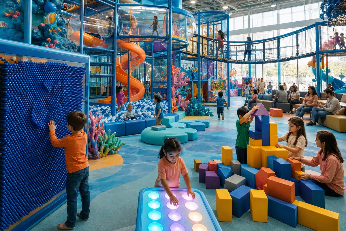 Kids exploring the giant pin screen, foam block room, and interactive LED dance floor at Hyper Kidz Columbia