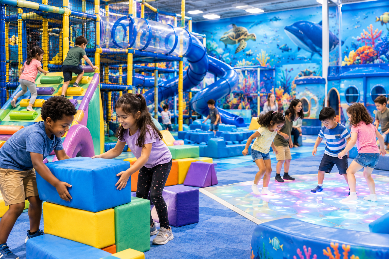 Children building and playing together as a team at Hyper Kidz Columbia's ocean-themed indoor playground