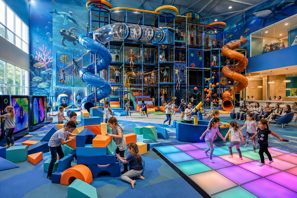 Kids exploring open play zones, foam blocks, and the LED dance floor at Hyper Kidz Columbia