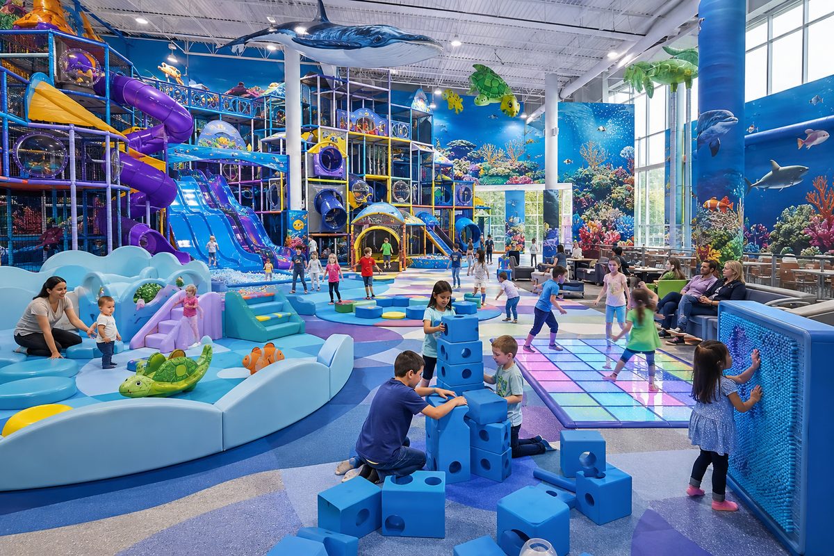 Children choosing between the Mini Zone soft play area, foam blocks, LED dance floor, and pin screen at Hyper Kidz Columbia