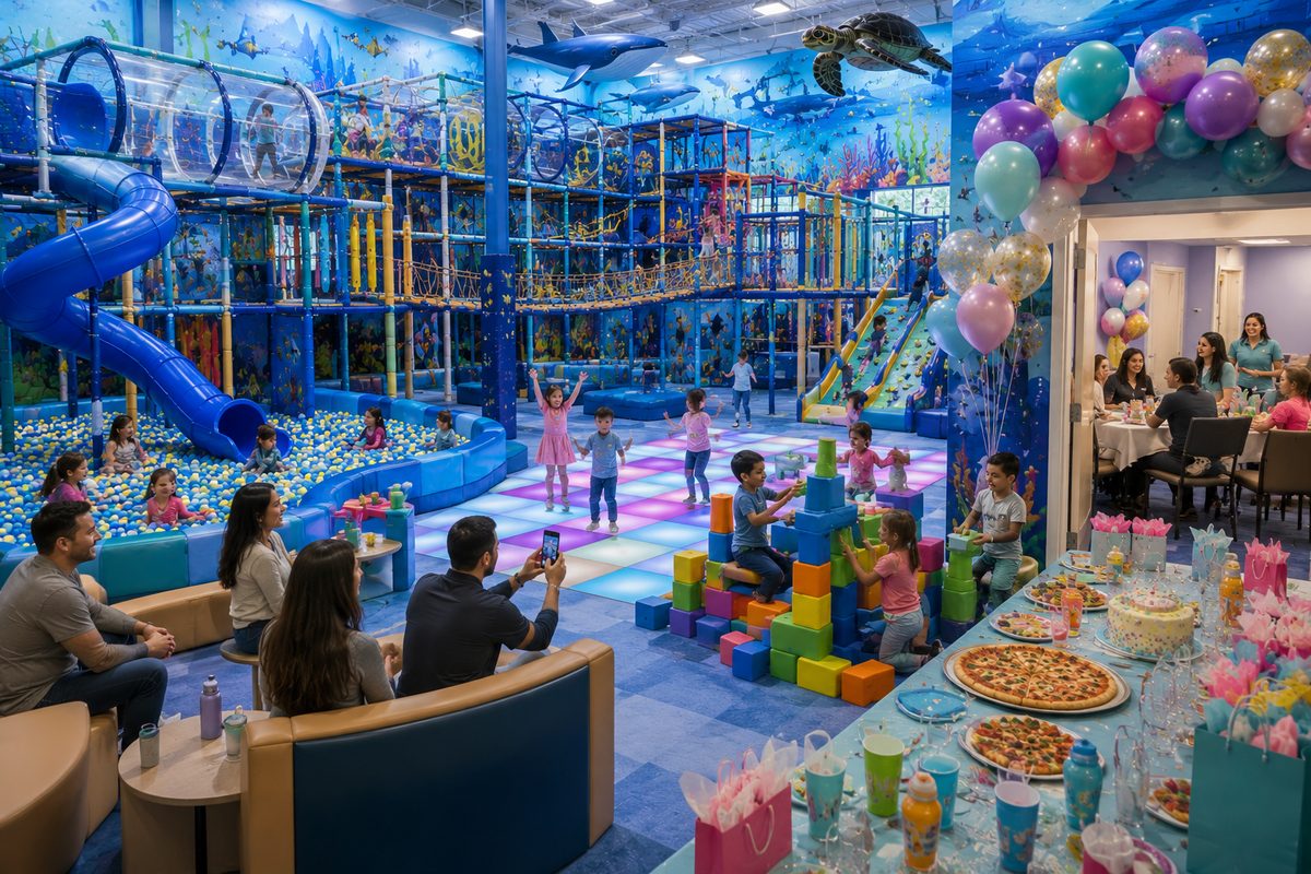 Families celebrating a private indoor birthday party with a decorated party room, cake, and children playing at Hyper Kidz Columbia