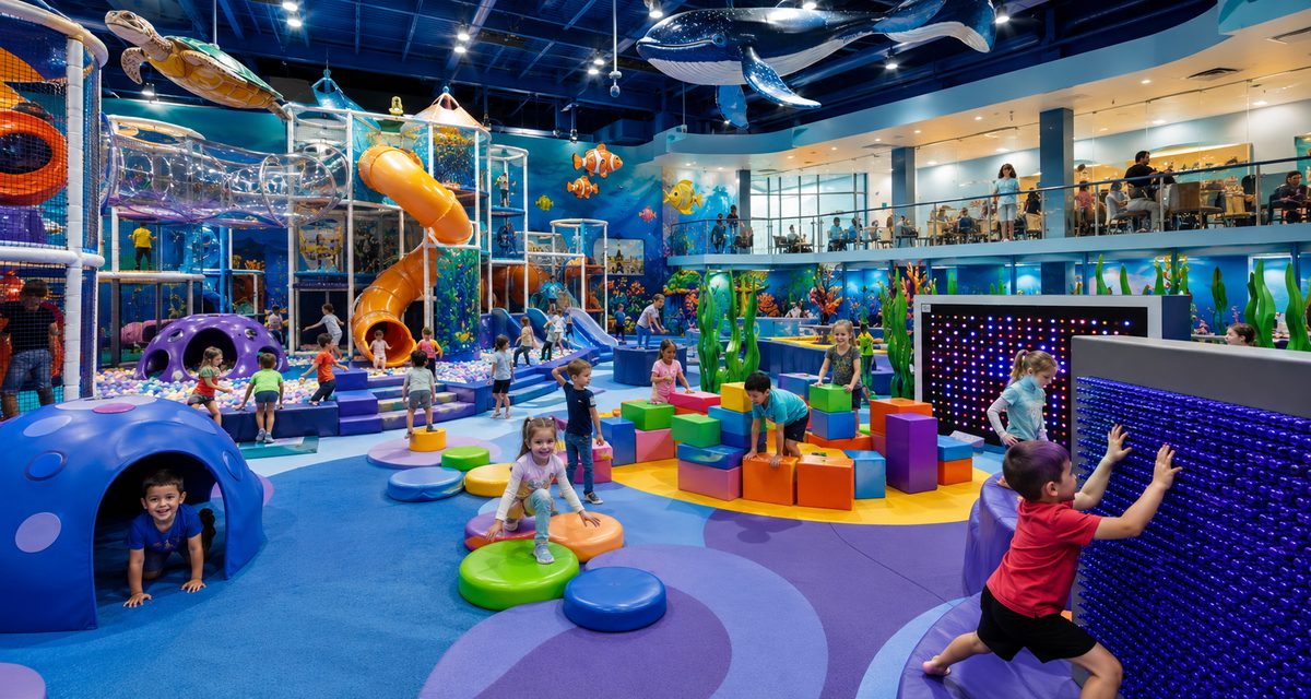 Children exploring soft play equipment, foam blocks, tunnels, and an interactive light wall at Hyper Kidz Columbia