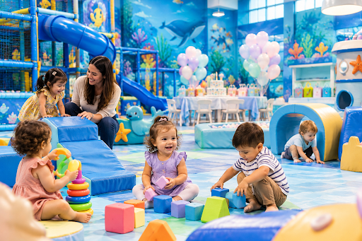 Toddlers and parents playing together at Hyper Kidz Columbia's ocean-themed indoor playground